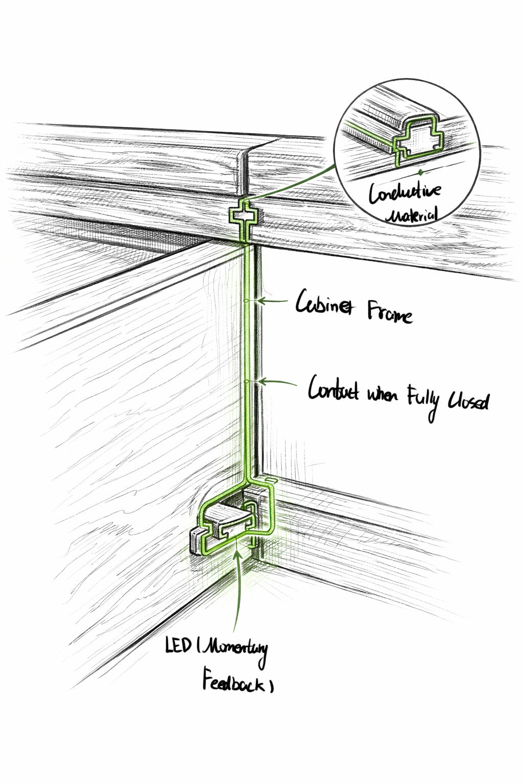 This circuit diagram shows a circuit that’s triggered only when a cabinet door is fully closed. It helps tell the difference between “it looks closed” and “it’s actually shut all the way.”

The conductive contacts are placed on the edge of the door and on the matching spot inside the cabinet frame. The battery and LED are hidden behind the door or inside the cabinet, connected by a simple conductive path.

When the door is pushed in but not fully flush—because the cabinet is old and there’s extra resistance or a small gap—the contacts still don’t touch, so the circuit stays open. When I push the door firmly until it closes completely and sits tight against the frame, the contacts get pressed together, the circuit closes, and the LED turns on to show the door is truly shut.

If the door pops open a little or doesn’t get pushed all the way in, the contacts separate right away, the circuit opens, and the LED turns off.