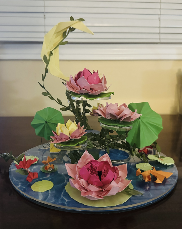 Forty five degree view of the final interactive lotus pond object.