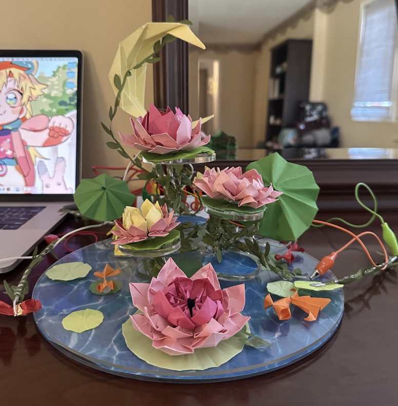 Makey Makey connection setup for the final interactive lotus pond object.